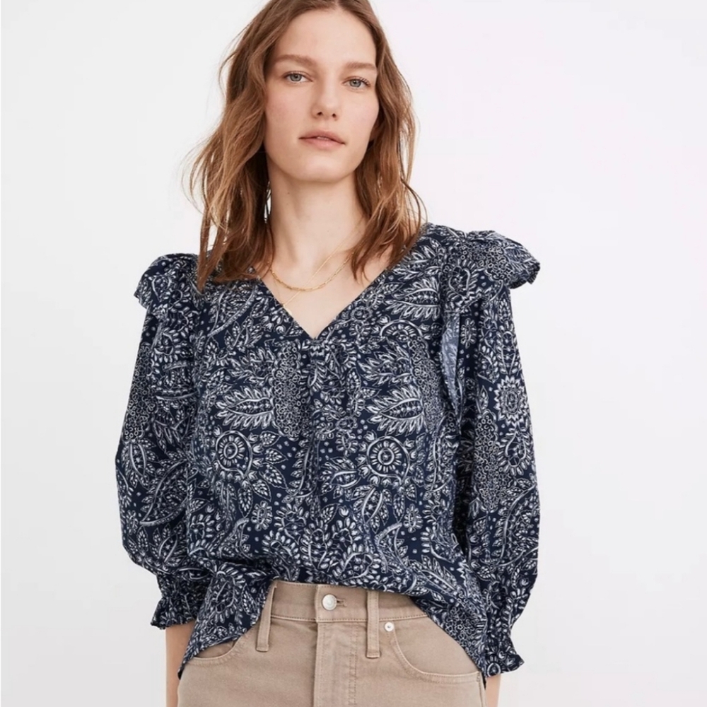 Madewell‎ Blue Paisley Garden Print Ruffle Shoulder Top